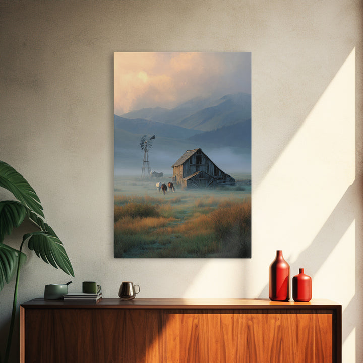 Rustic Countryside Landscape With Windmill And Horses Wall Art Canvas Print For Farmhouse Decor And Cozy Home Decoration