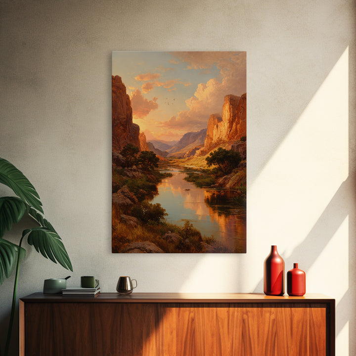 Sunset Over Majestic Canyon Landscape River Reflection Wall Art Framed Canvas Print For Rustic Home Decor