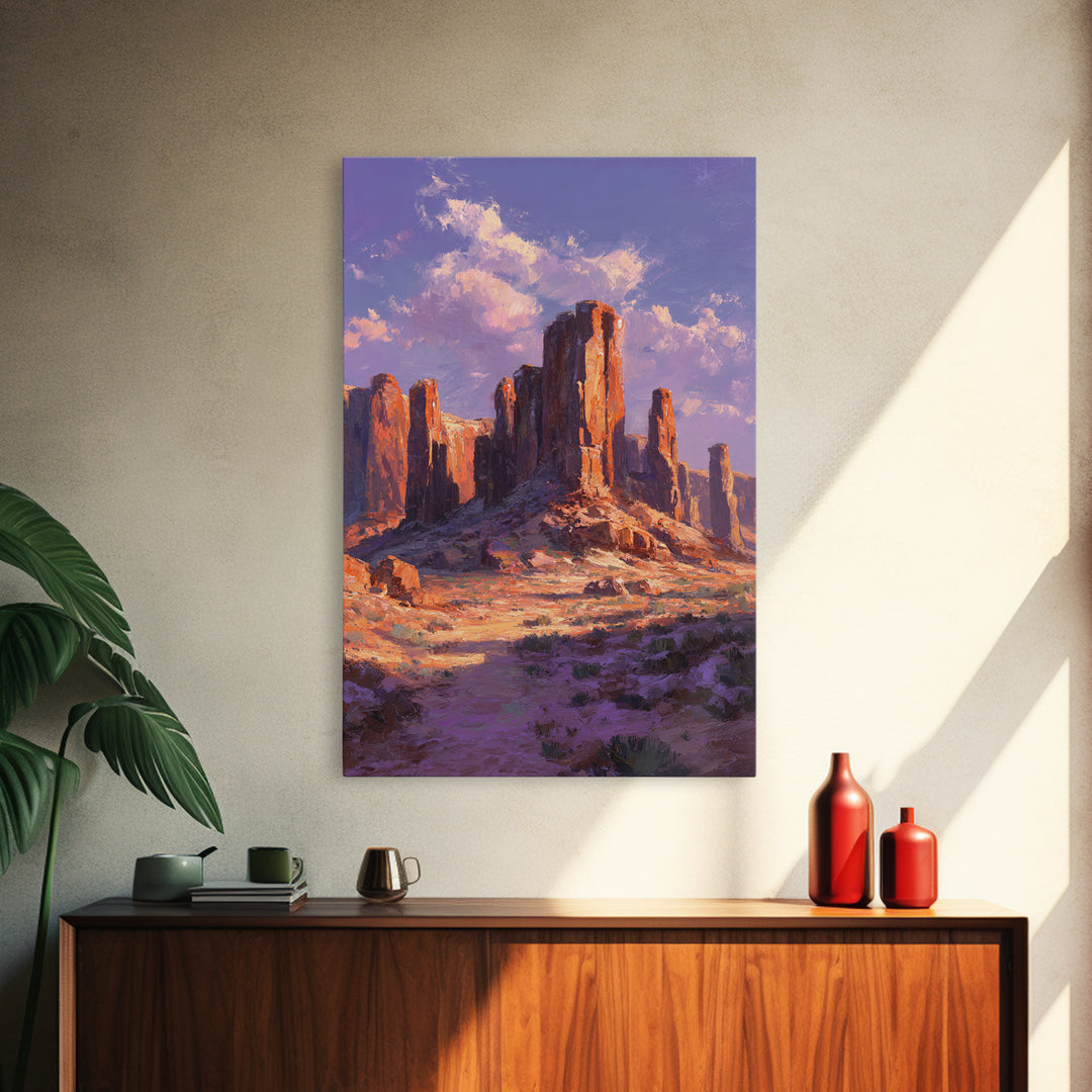 Desert Monument Valley Landscape At Sunset In Oil Painting Style Wall Art Framed Canvas Print For Rustic Home Decor