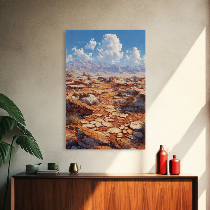 Arid Canyon Dry Landscape With Rocks And Bushes Modern Desert Wall Art Canvas Print For Southwestern Decor