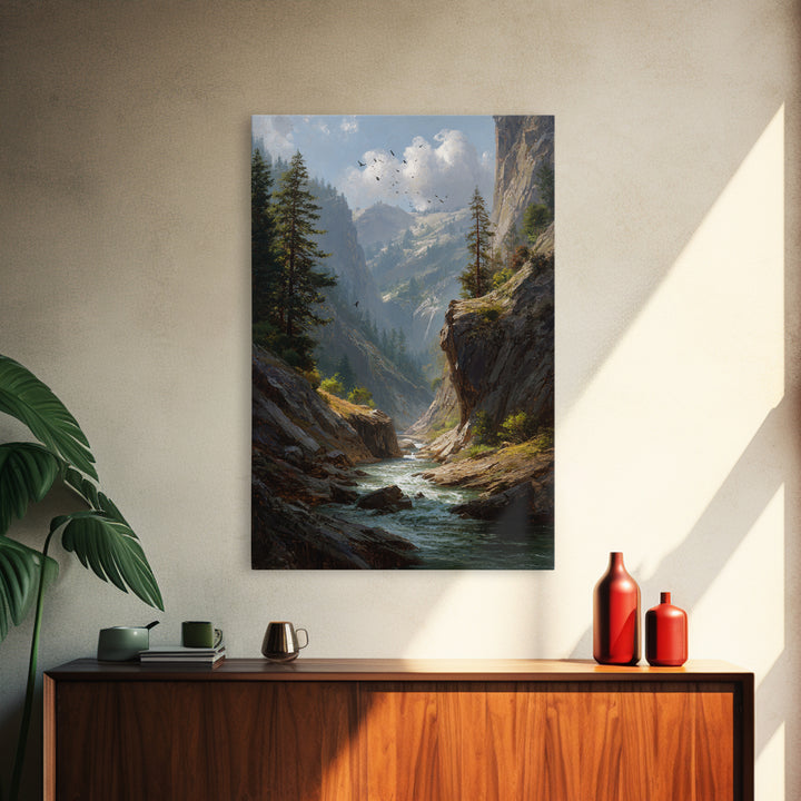 Majestic Mountain Canyon Landscape With Stream And Birds Original Oil Painting Canvas Print For Living Room Decor