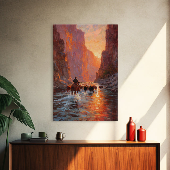 Cowboy Herding Cattle Through Sunlit Canyon Scene Classic Western Oil Painting Framed Canvas Print For Rustic Wall Art Farmhouse Décor