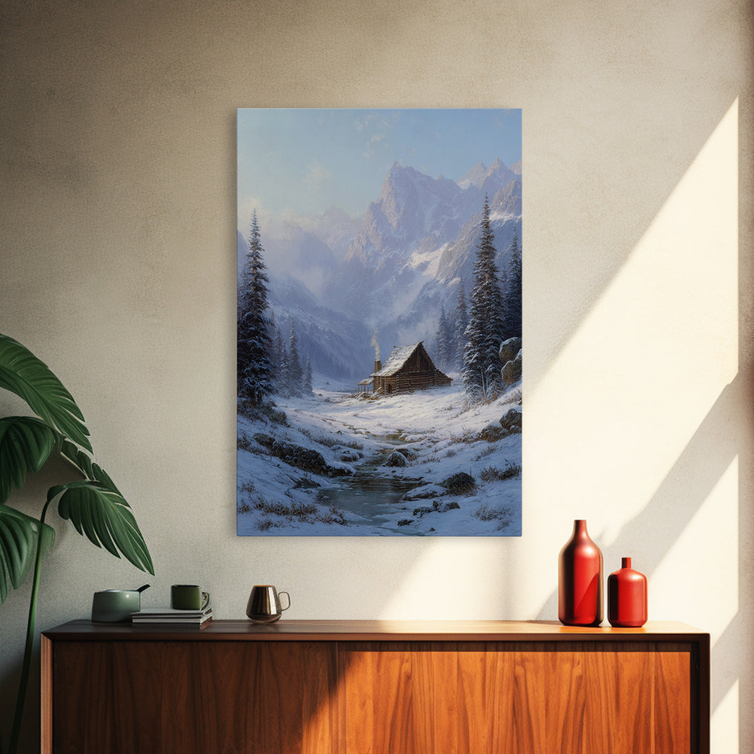 Winter Mountain Cabin Oil Painting Framed Canvas Print Rustic Snow Landscape Wall Art For Cozy Home Decor