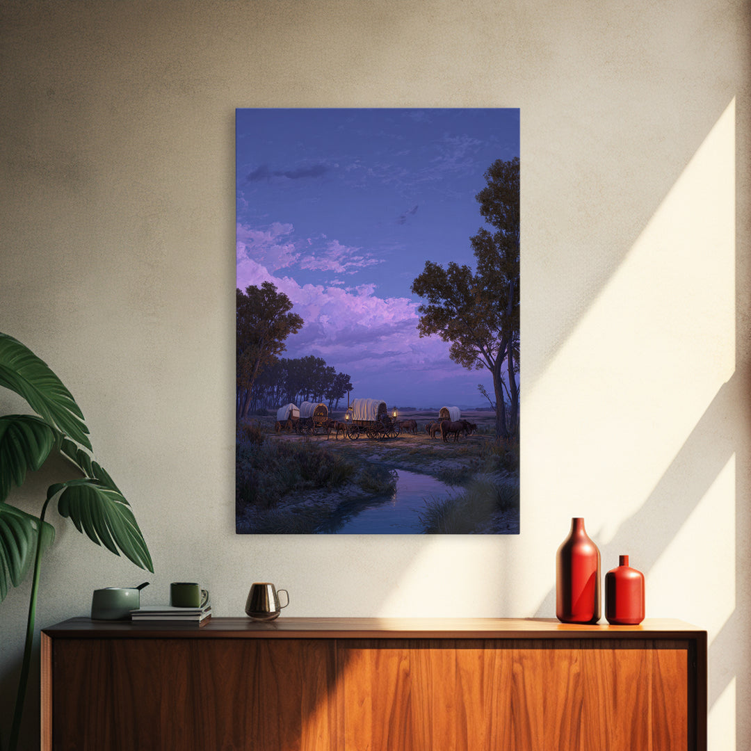 Peaceful Wagons At Twilight Sunset Landscape Large Wall Art Framed Canvas Print For Rustic Home Decor