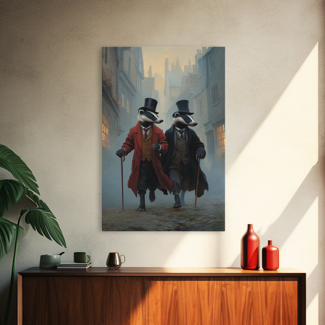 Dapper Badger Gentlemen Walking In Foggy City Canvas Print, Whimsical Animal Wall Art For Nursery Room And Eclectic Decor