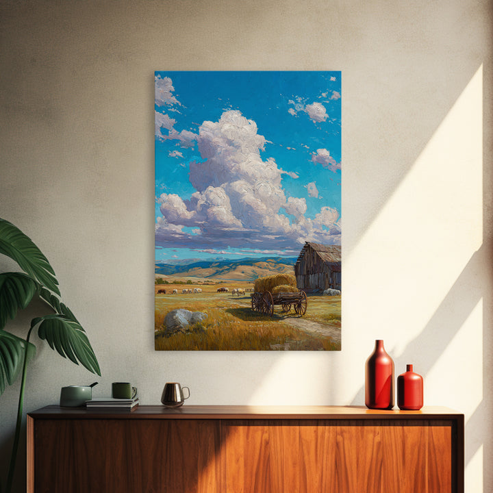 Rustic Country Farm Scene With Barn Cart And Livestock Large Wall Art Framed Canvas Print For Farmhouse Home Decor And Living Room