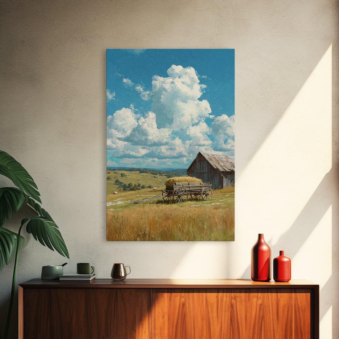Bright Sunlit Barn And Field Landscape Painting Wall Art Canvas Print For Cozy Farmhouse Rustic Decor