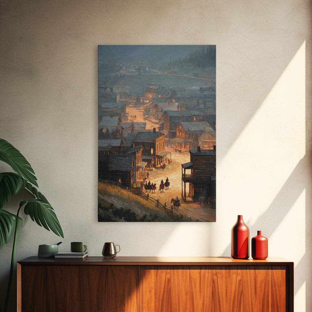 Old Western Town At Dusk Oil Painting Framed Canvas Print Large Wall Art For Rustic Home Decor And Living Room Wall Art
