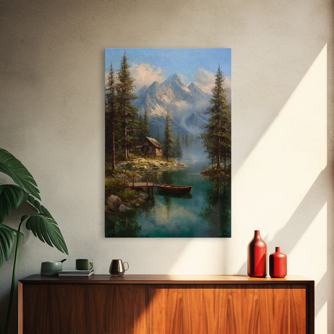 Tranquil Mountain Lake Cabin Scene Oil Painting Landscape Wall Art Canvas Print Rustic Home Decor Nature Lover Gift