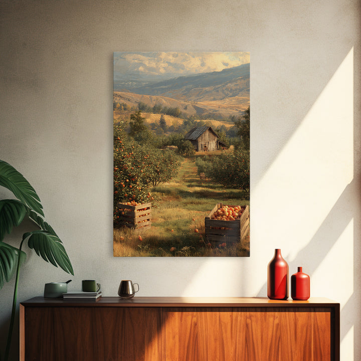 Classic Rustic Orchard Landscape Painting Framed Canvas Print For Farmhouse Decor And Country Home Wall Art
