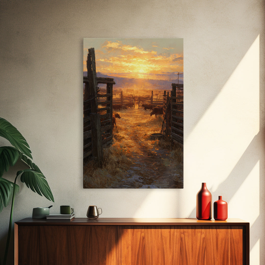 Sunset Over Rustic Cattle Farm Landscape Wall Art Framed Canvas Print For Western Home Decor And Cozy Living Room