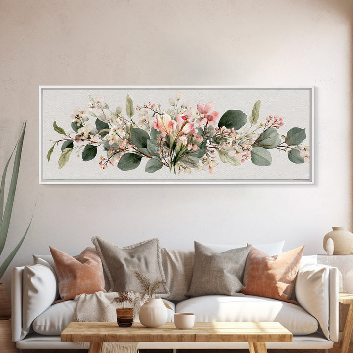 Soft Eucalyptus And Blush Magnolia Garland Wall Art, Panoramic Botanical Print, Neutral Floral Decor, Above Bed Canvas Print