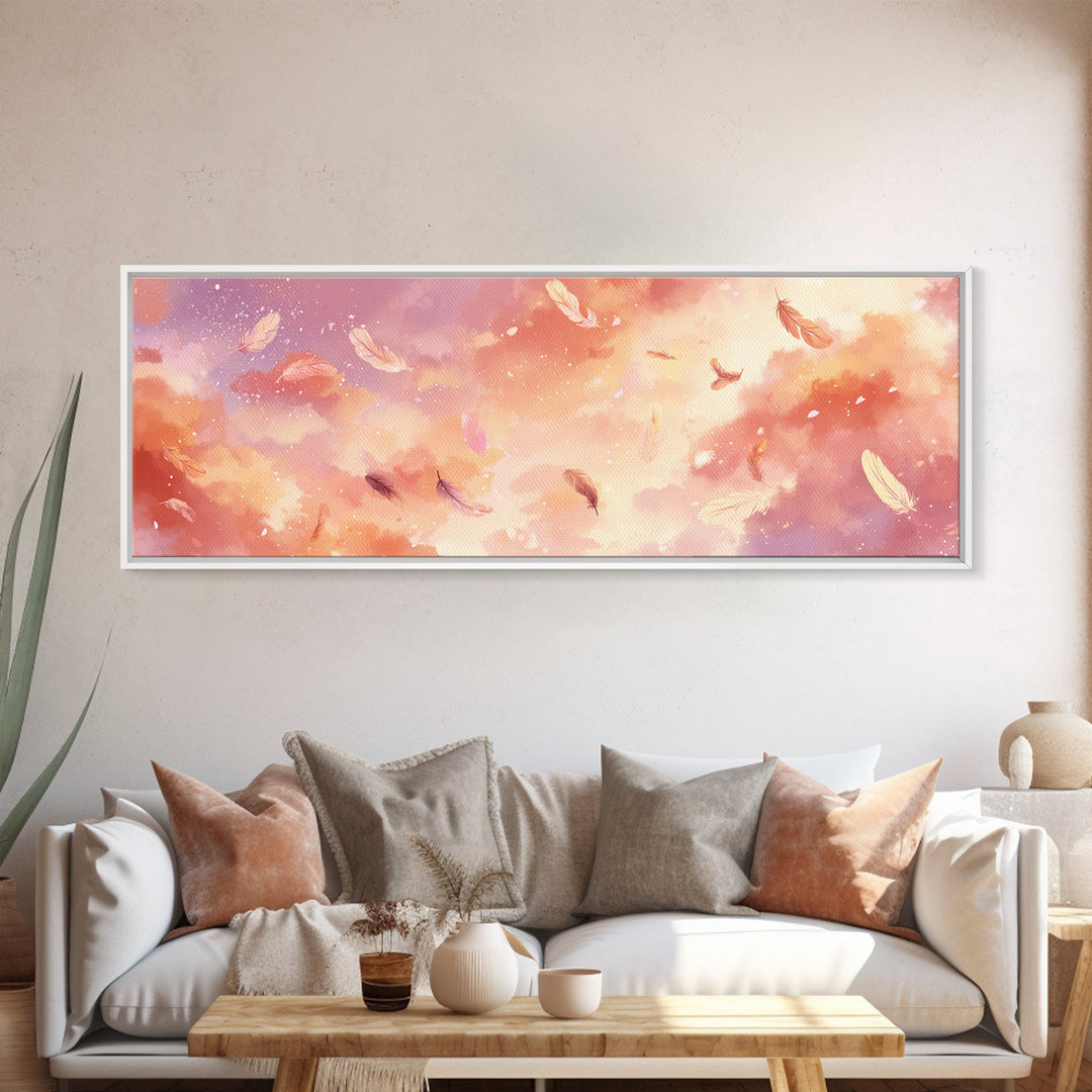 Pink Feather Cloud Sky Wall Art, Dreamy Celestial Canvas Print, Pastel Nursery Decor, Whimsical Bedroom Wall Decor, And Above Bed Art