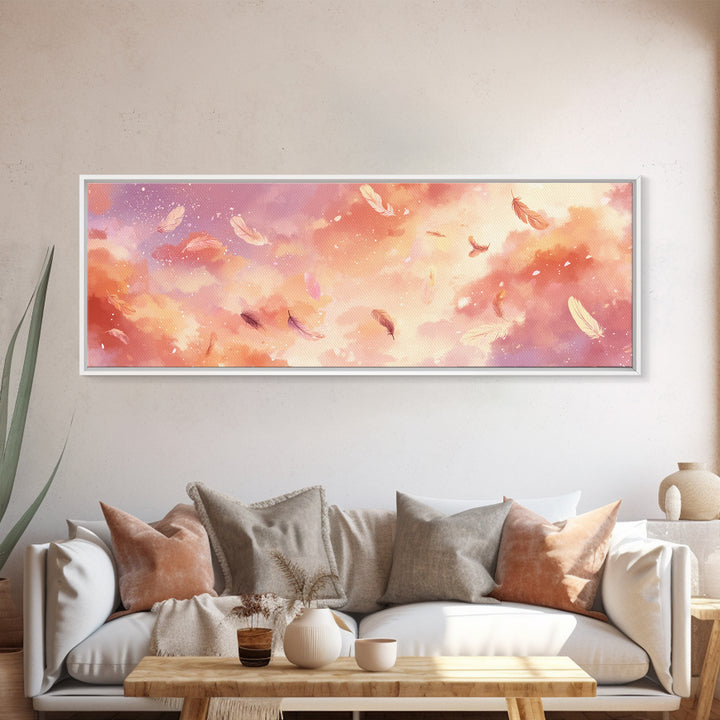 Pink Feather Cloud Sky Wall Art, Dreamy Celestial Canvas Print, Pastel Nursery Decor, Whimsical Bedroom Wall Decor, And Above Bed Art