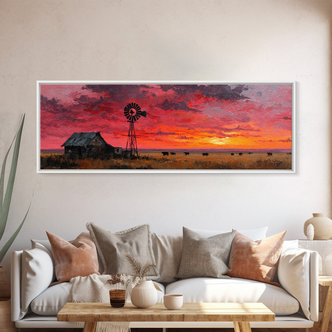 Rustic Windmill Homestead Sunset Wall Art, Western Landscape Canvas Print For Farmhouse Decor, Country Living Room Art Gift