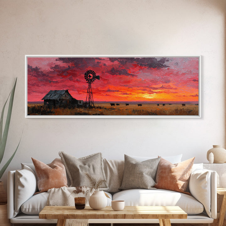 Rustic Windmill Homestead Sunset Wall Art, Western Landscape Canvas Print For Farmhouse Decor, Country Living Room Art Gift