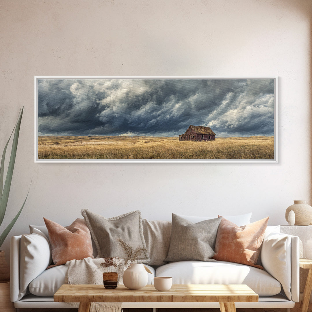 Abandoned Farmhouse Under Storm Clouds Wall Art, Moody Prairie Landscape Canvas, Rustic Country Decor For Living Room, Large Print