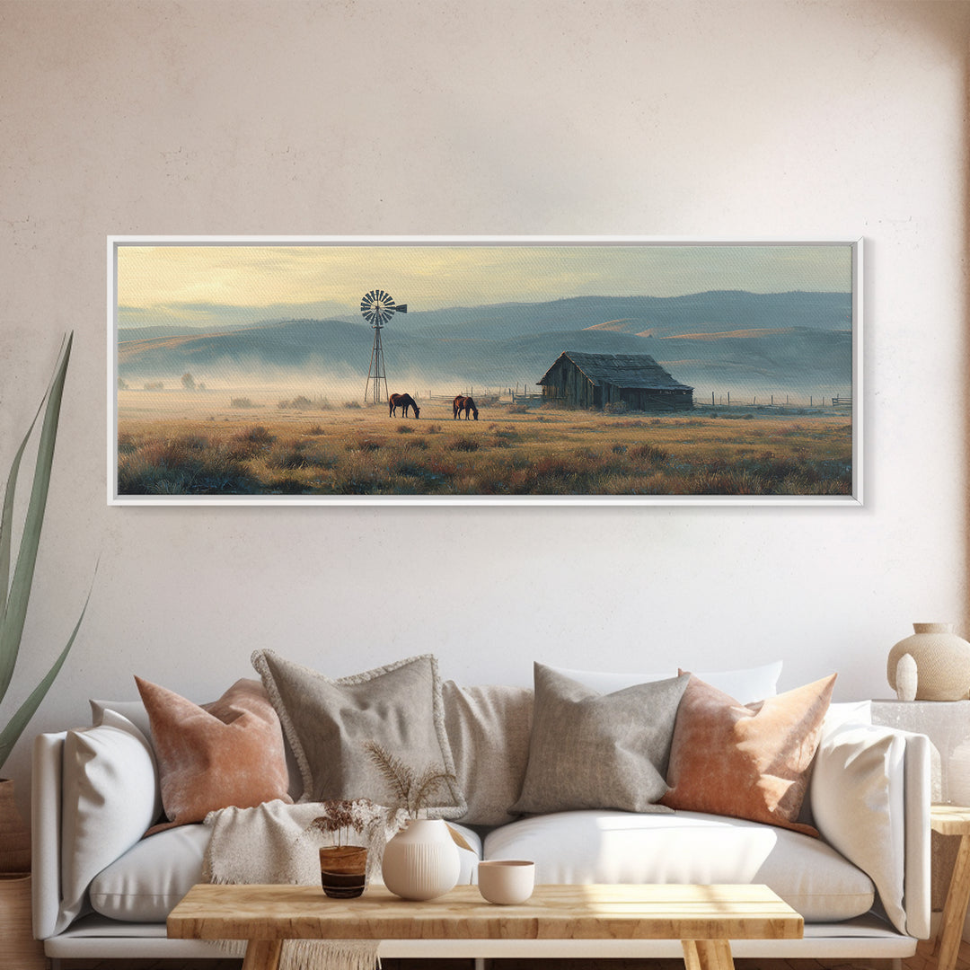 Misty Western Ranch Windmill Framed Canvas Print, Rustic Farmhouse Wall Art With Horses For Country Home Decor Gift Idea