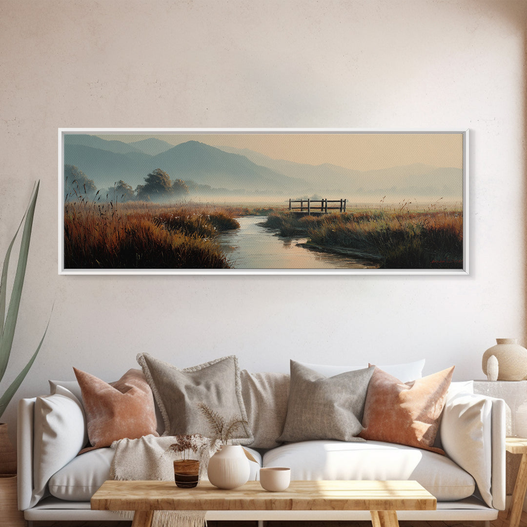 Misty Marsh Creek Canvas Print, Serene Mountain Landscape Wall Art, Neutral Nature Painting, Rustic Living Room Decor Print