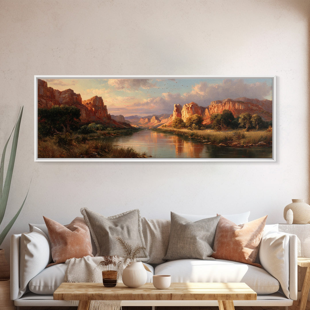 Red Rock Canyon River Wall Art, Southwestern Landscape Painting, Large Horizontal Art, Desert Decor, Living Room Wall Decor