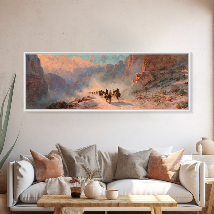 Western Riders In Sunlit Canyon Wall Art, Cowboy Landscape Painting, Southwestern Decor, Rustic Canvas Print For Living Room
