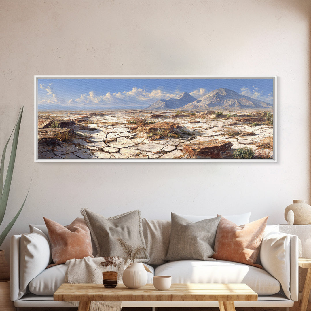 Cracked Desert Plain With Distant Mountains Wall Art, Southwestern Landscape Print, Earth Tone Home Decor, Large Canvas Print