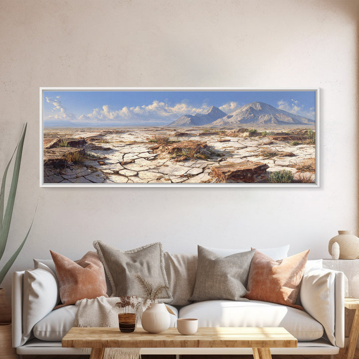 Cracked Desert Plain With Distant Mountains Wall Art, Southwestern Landscape Print, Earth Tone Home Decor, Large Canvas Print