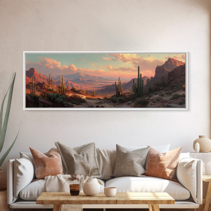 Desert Canyon Sunset With Saguaro Cactus Wall Art, Southwestern Landscape Framed Canvas Print, Rustic Home Decor For Living Room