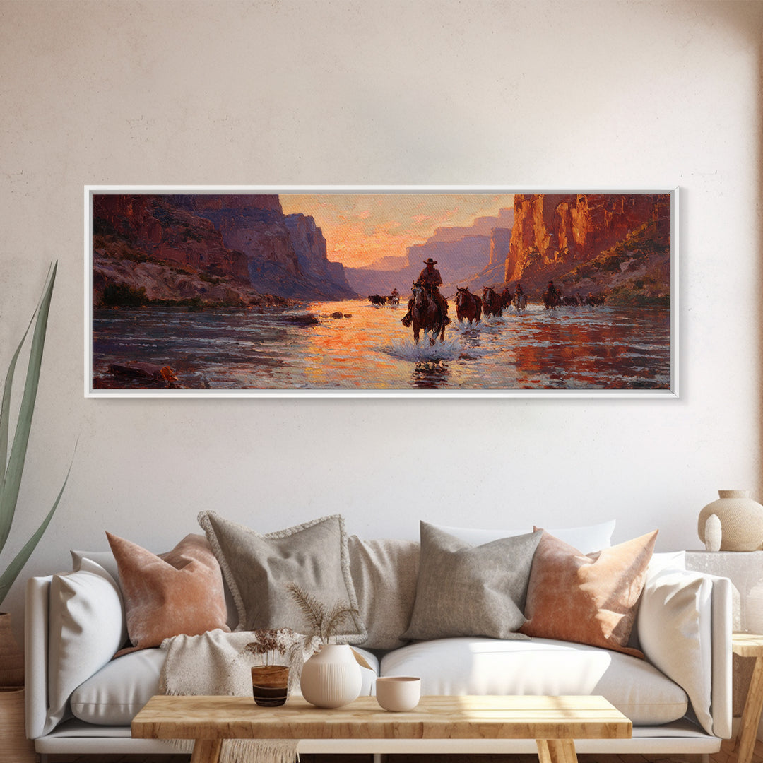 Cowboys Crossing River Canyon Framed Canvas Print, Large Western Wall Art, Sunset Landscape, Rustic Ranch Decor, Gift For Him
