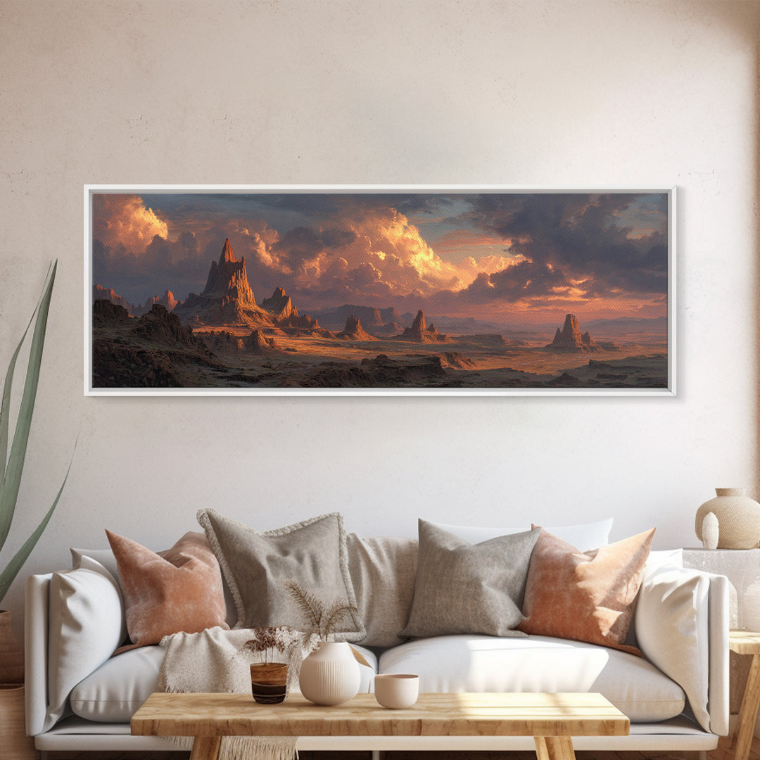 Epic Desert Spires At Sunset Canvas Print, Fantasy Landscape Wall Art For Game Room Decor, Southwestern Sci Fi Home Decor