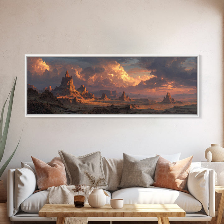 Epic Desert Spires At Sunset Canvas Print, Fantasy Landscape Wall Art For Game Room Decor, Southwestern Sci Fi Home Decor
