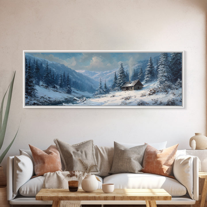 Snowy Mountain Cabin In Pine Forest, Winter Wall Art, Landscape Canvas Print, Rustic Lodge Decor, Cozy Cabin Decor, Nature Wall Art