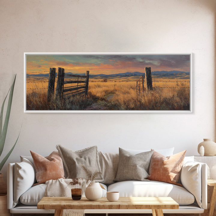 Weathered Fence And Golden Prairie Framed Canvas Print, Rustic Country Wall Art, Farmhouse Landscape, Warm Neutral Decor