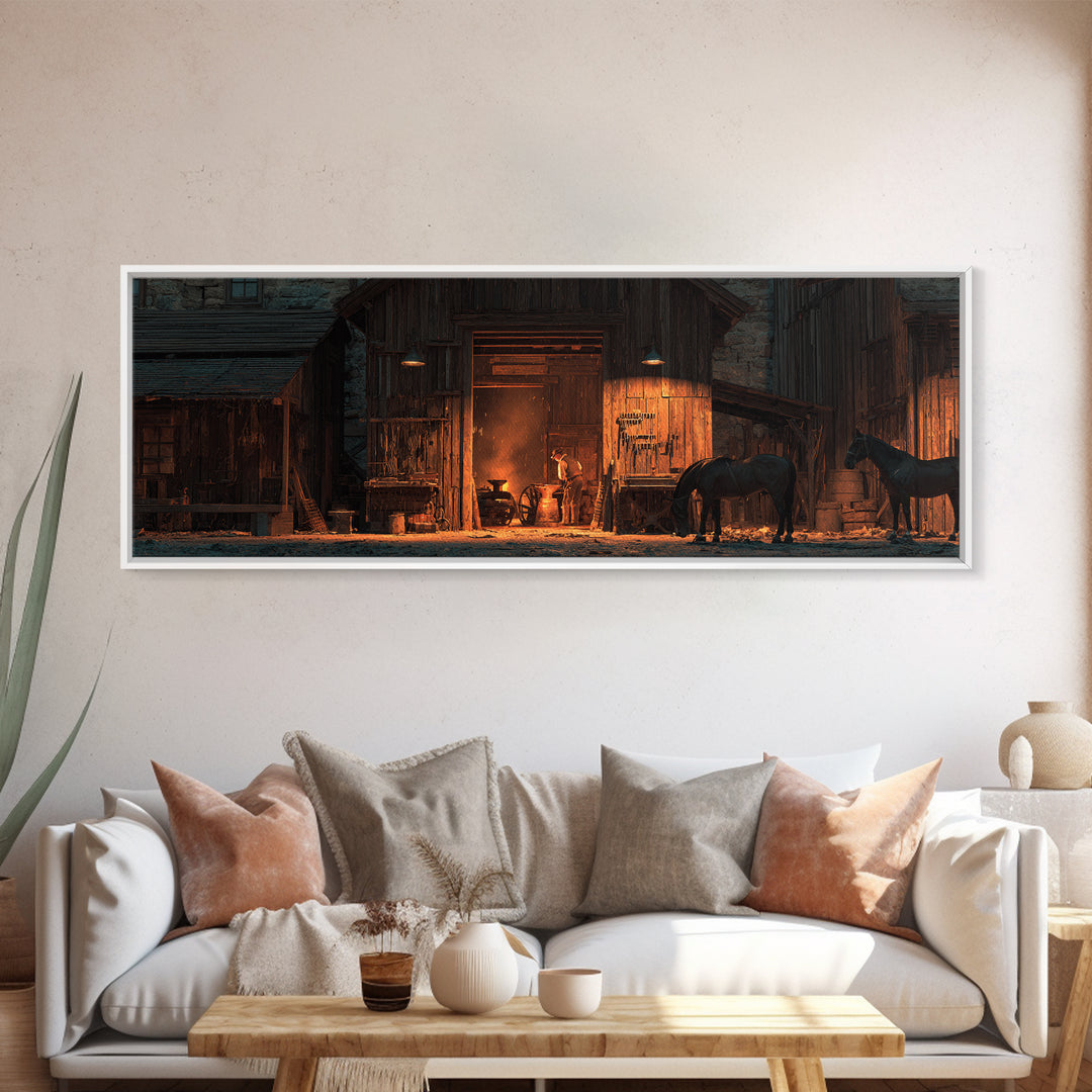 Rustic Horse Barn Wall Art, Warm Western Stable At Night, Farmhouse Ranch Decor, Cowboy Living Room Large Framed Canvas Print