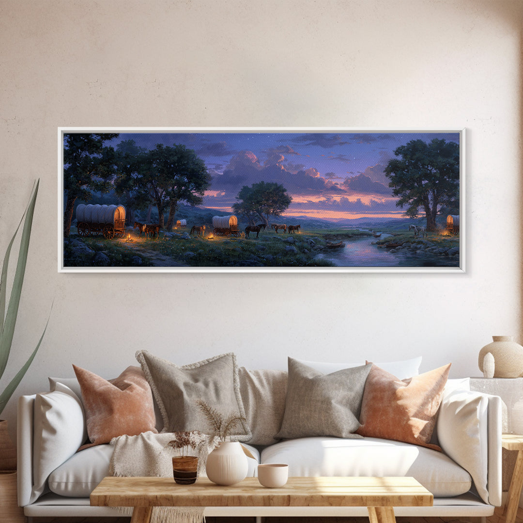 Covered Wagons At Twilight River Wall Art, Western Landscape Canvas Print, Rustic Farmhouse Decor, Cowboy Home Decor Gift