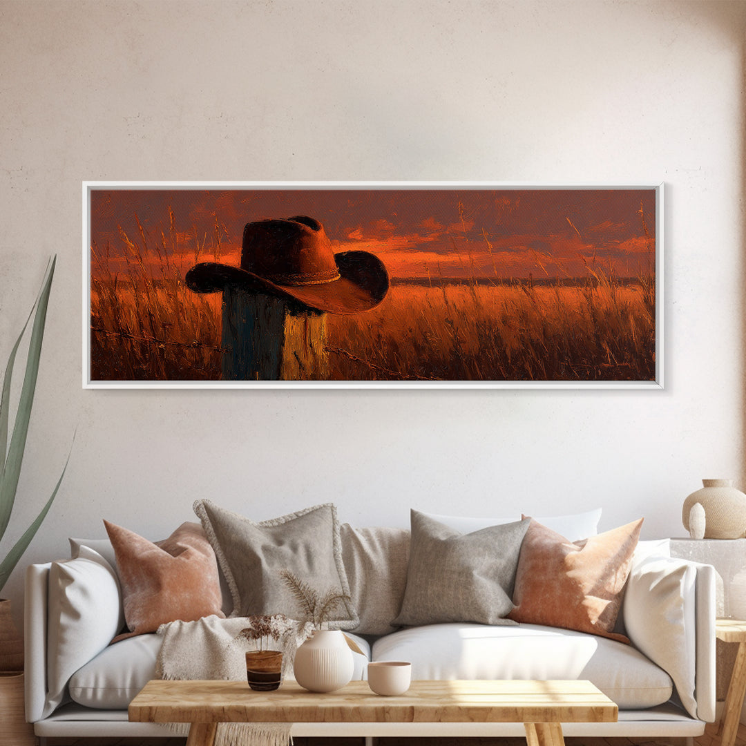 Weathered Cowboy Hat At Golden Sunset Wall Art, Western Ranch Decor, Rustic Country Landscape Print, Farmhouse Canvas Print