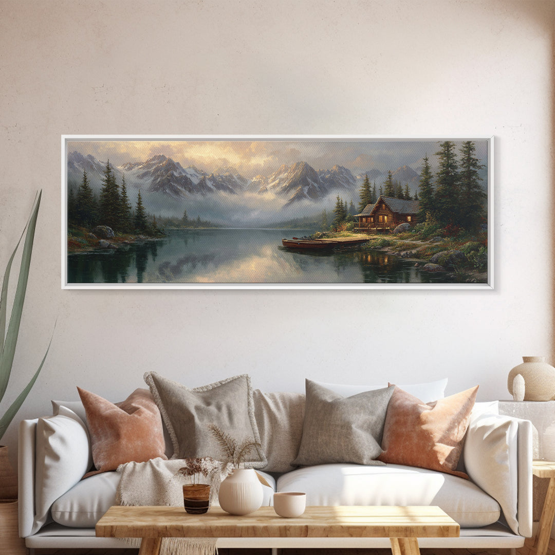 Mountain Lake Cabin Wall Art, Misty Alpine Landscape Canvas, Rustic Nature Decor, Large Horizontal Living Room Print, Housewarming Gift