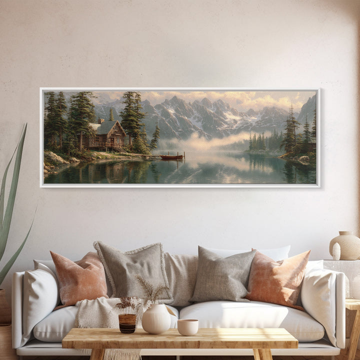 Misty Alpine Cabin Lake Wall Art, Mountain Landscape Canvas, Rustic Nature Decor, Large Horizontal Living Room Print, Housewarming Gift