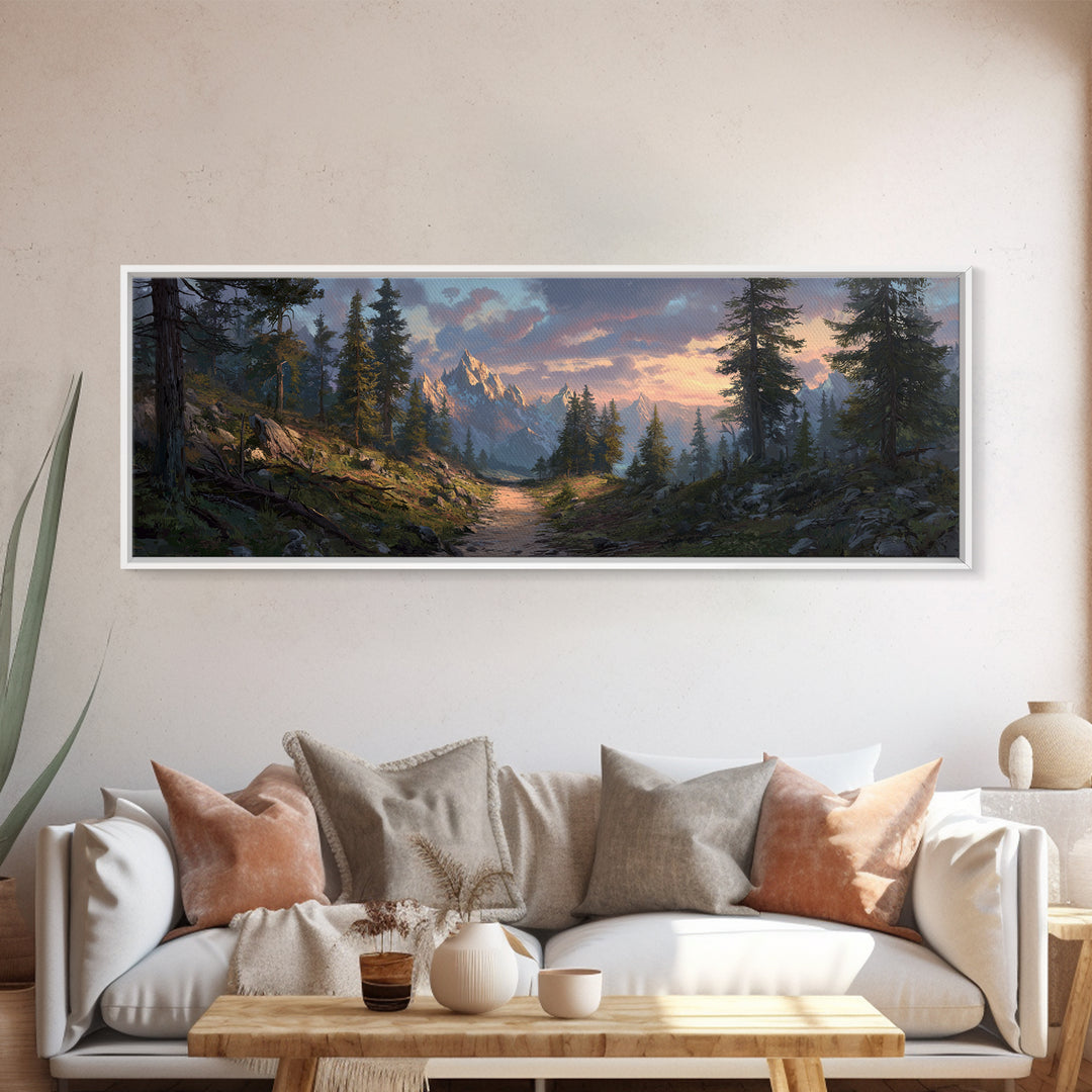 Misty Mountain Forest Trail Canvas Print, Panoramic Landscape Wall Art, Rustic Cabin Decor, Nature Print, Living Room Art
