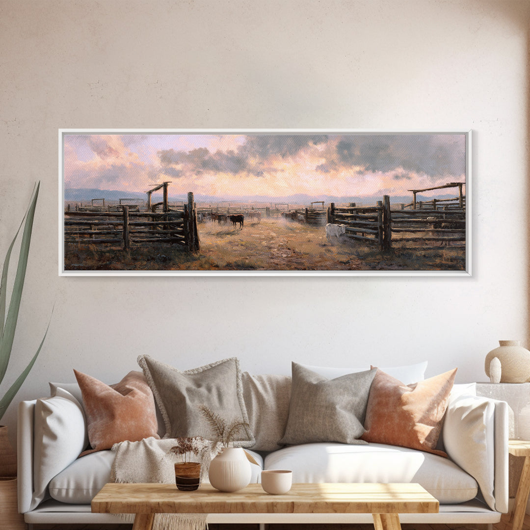 Rustic Cattle Corral At Sunset Wall Art, Western Ranch Canvas Print, Farmhouse Country Decor, Moody Landscape Gift For Him