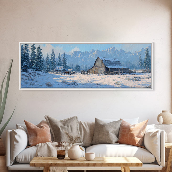 Snowy Mountain Barn Framed Canvas Print, Rustic Farmhouse Wall Art, Winter Landscape Decor, Cabin Living Room Wall Art Print