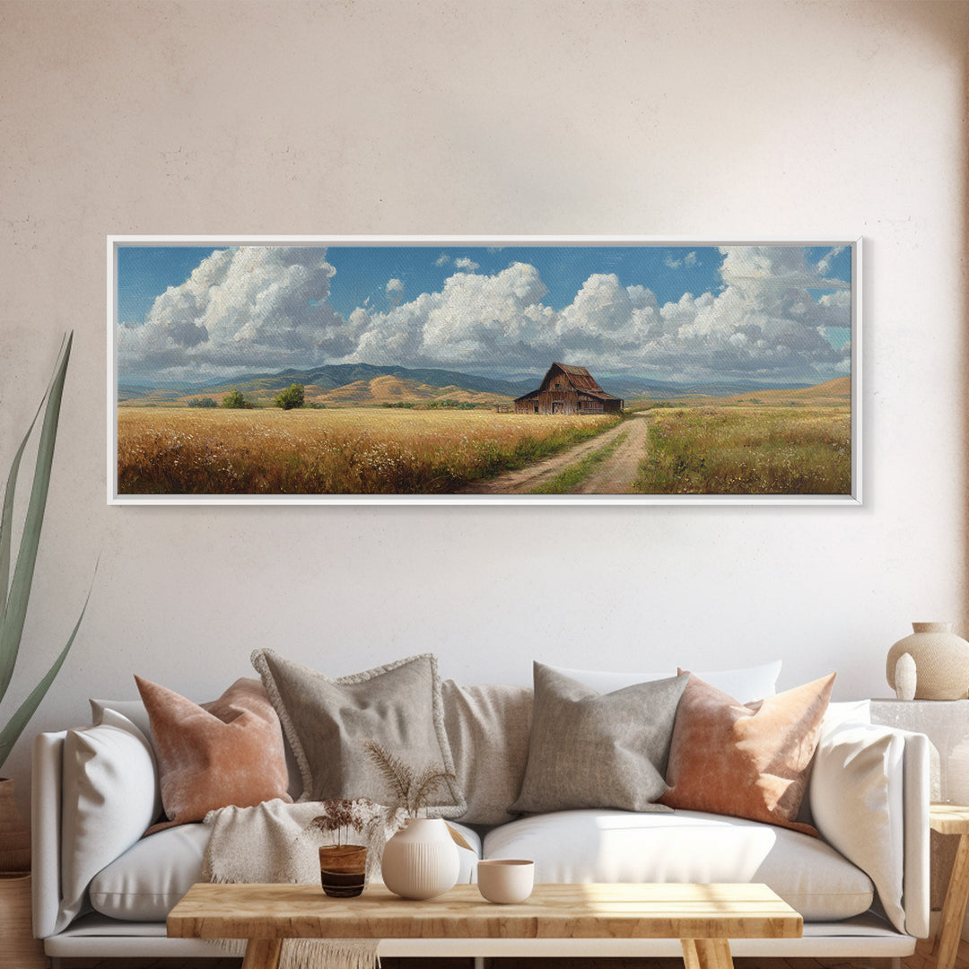 Rustic Prairie Barn Wall Art, Country Landscape Canvas Print, Farmhouse Decor, Rural Home Decor, Large Horizontal Art, Living Room Decor