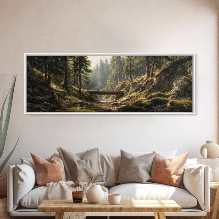 Sunlit Forest Creek Framed Canvas Print, Rustic Landscape Wall Art, Nature Cabin Decor, Large Horizontal Living Room Art