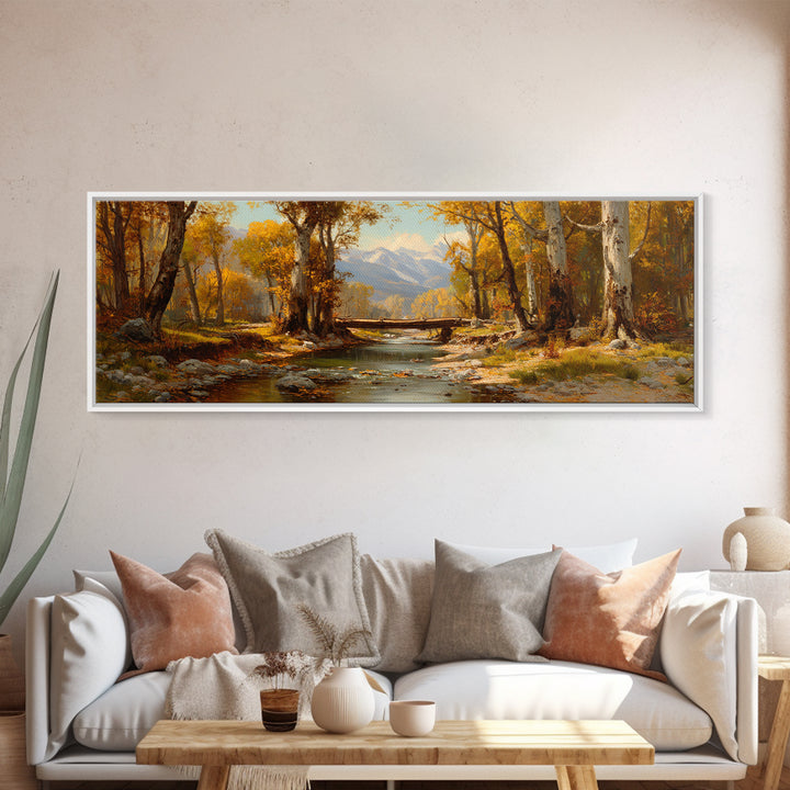 Autumn River Birch Forest Canvas Print, Mountain Landscape Painting, Rustic Wall Art, Farmhouse Decor, Nature Wall Decor
