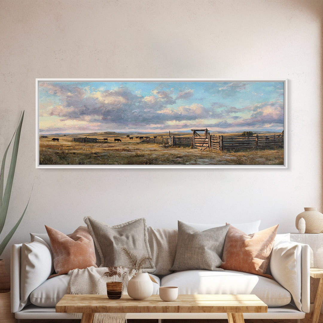 Wide Western Prairie Corral Canvas Print, Rustic Ranch Landscape Wall Art, Farmhouse Decor, Cowboy Housewarming Gift For Him