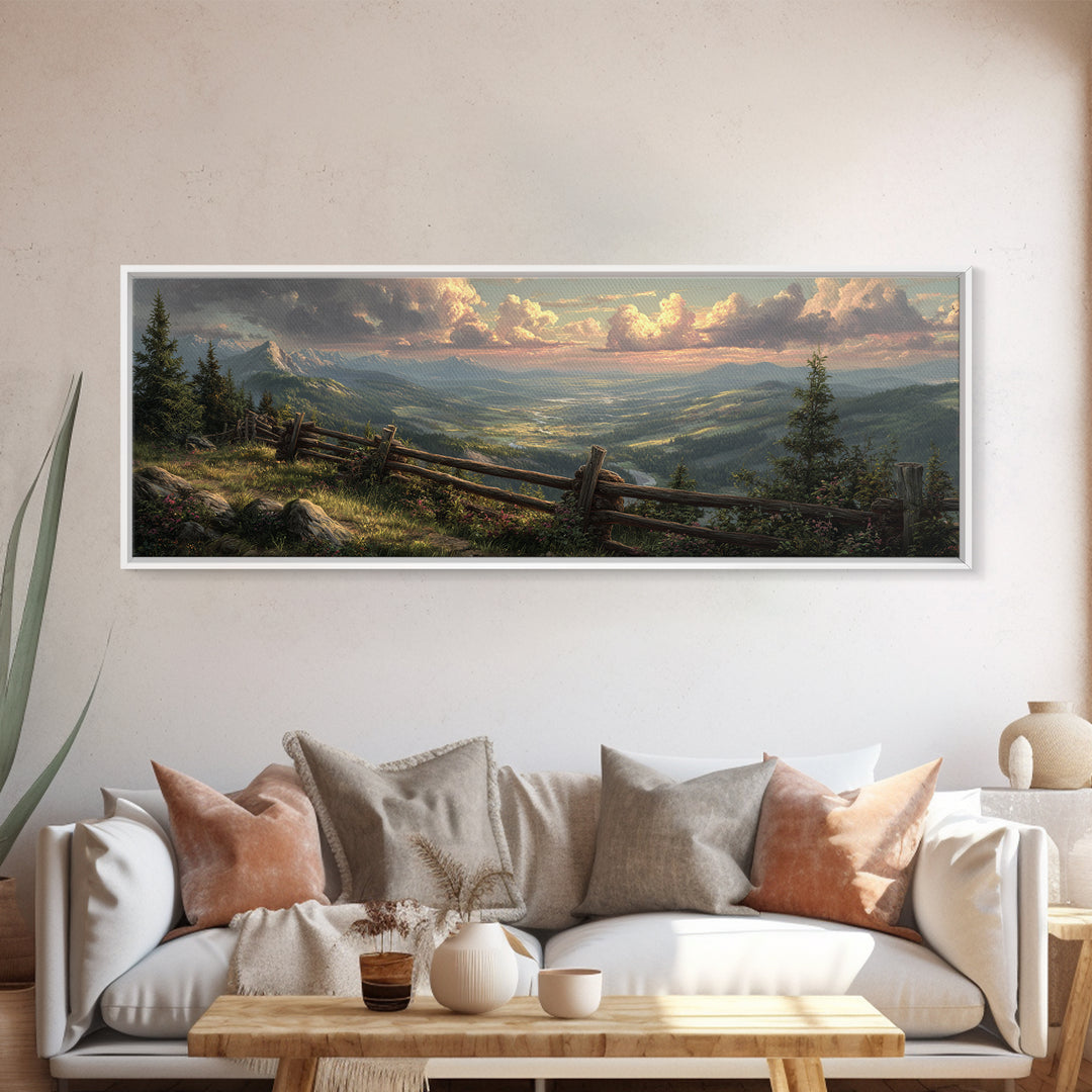 Misty Mountain Valley Landscape Wall Art, Rustic Cabin Nature Painting, Large Panoramic Decor For Living Room And Office