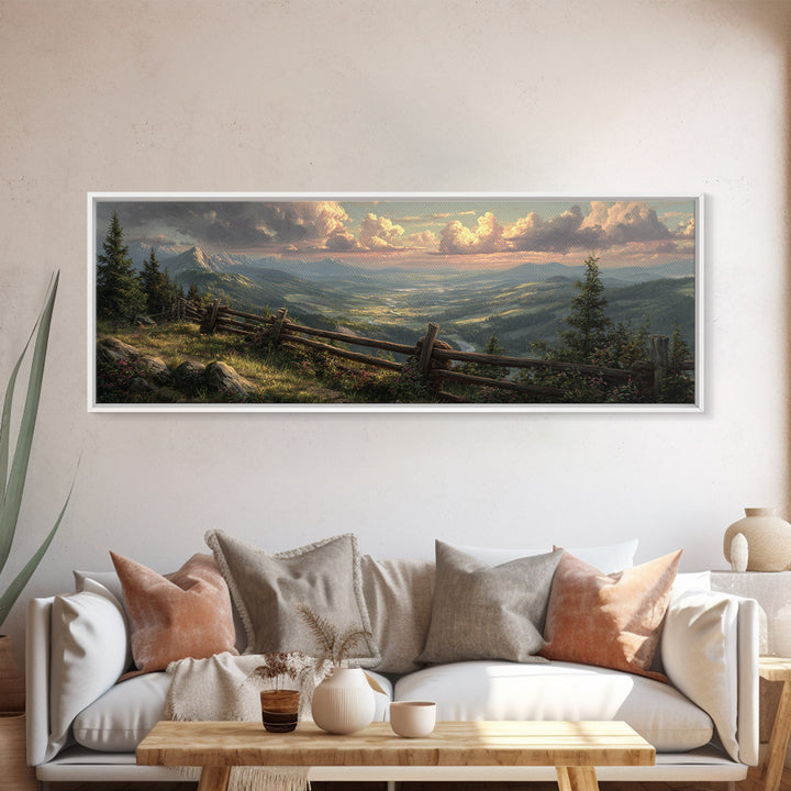 Misty Mountain Valley Landscape Wall Art, Rustic Cabin Nature Painting, Large Panoramic Decor For Living Room And Office