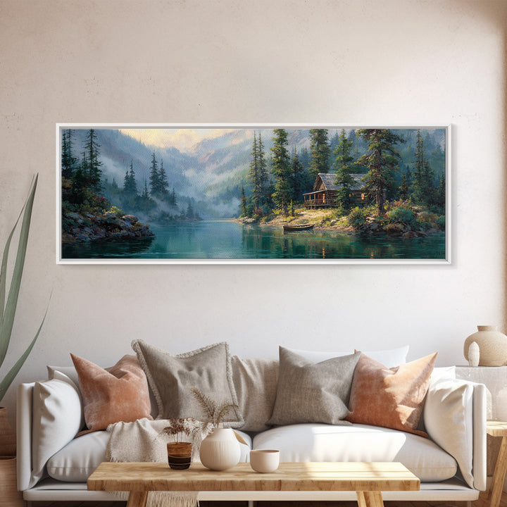 Misty Mountain Lake Cabin Wall Art, Rustic Landscape Painting, Nature Wall Decor, Lake House Canvas, Cozy Home Decor Gift