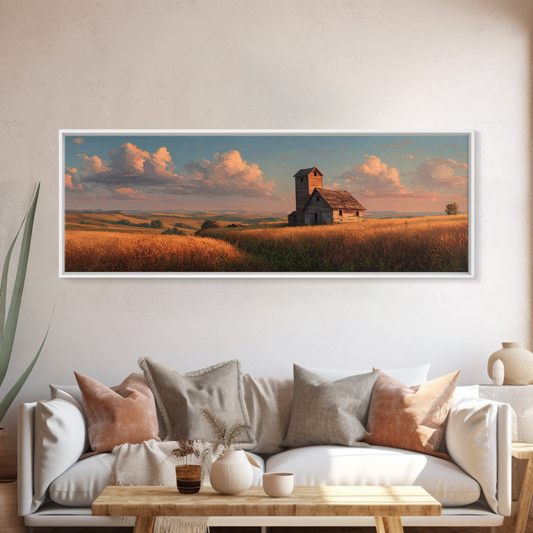 Rustic Prairie Church Framed Canvas Print, Country Landscape Wall Art, Farmhouse Home Decor, Golden Field, Housewarming Gift