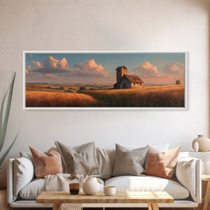 Rustic Prairie Church Framed Canvas Print, Country Landscape Wall Art, Farmhouse Home Decor, Golden Field, Housewarming Gift